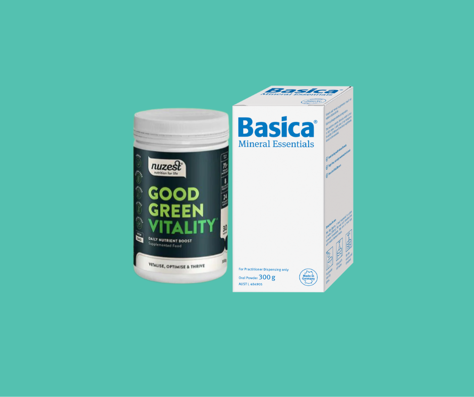 Two supplement products, 'Good Green Vitality' and 'Basica', on a teal background.