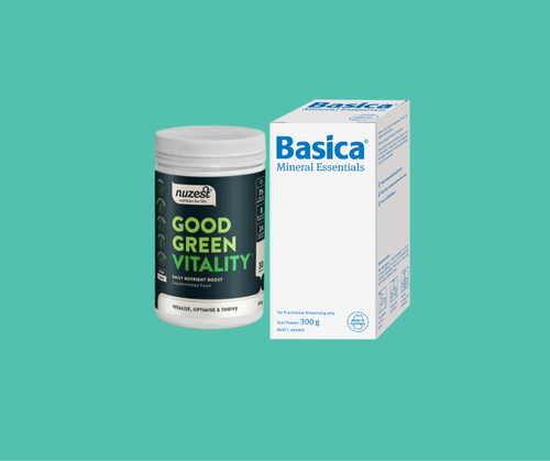 Two supplement products, 'Good Green Vitality' and 'Basica', on a teal background.
